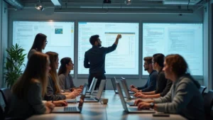 Diverse group of young professionals collaborating on laptops in modern tech classroom with glass whiteboards showing code snippets and architecture diagrams