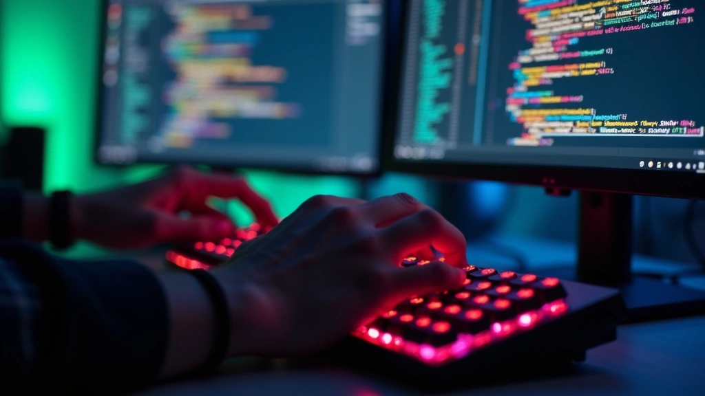 Close-up of programmer hands typing on mechanical keyboard with dual monitors displaying colorful code editor with syntax highlighting and development tools