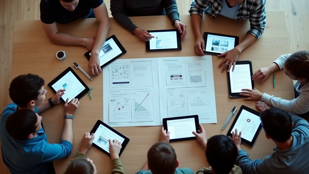 Overhead shot of tech students gathered around wooden table reviewing digital wireframes and prototypes on tablets during collaborative design session