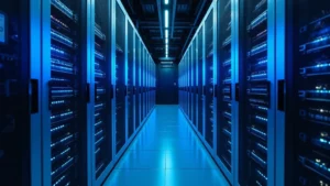 Modern data center server racks with blue LED lights, fiber optic cables, and cooling systems in professional enterprise environment