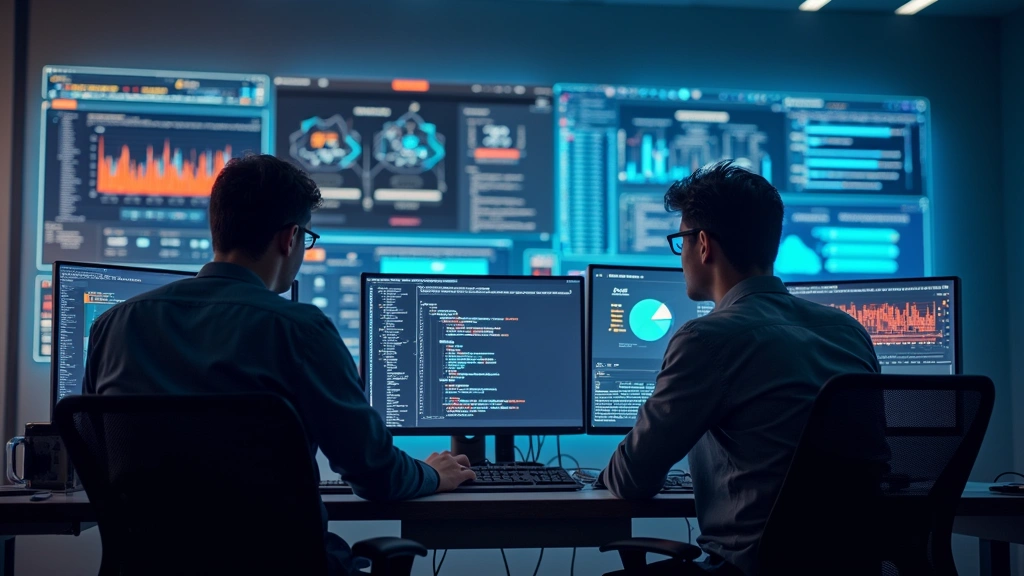 Team of engineers collaborating at workstations with multiple monitors displaying cloud infrastructure dashboards and performance metrics