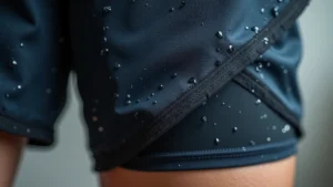 Close-up of high-performance running shorts fabric showing moisture-wicking technology in action, water droplets beading on synthetic material surface, professional photography with shallow depth of field, athletic wear detail shot