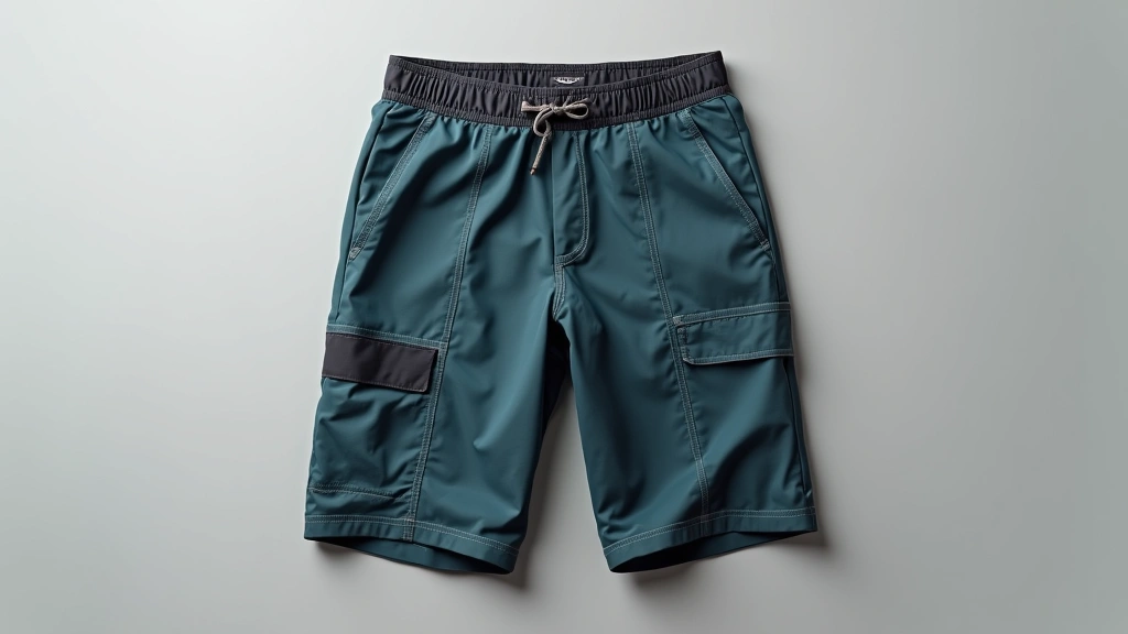 Flat-lay product photography of premium tech shorts showing construction details, seamless panels, secure pocket design, and fabric texture, professional studio lighting with neutral background