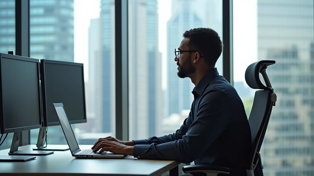 Professional sitting at desk working on premium laptop with multiple monitors in modern Atlanta office with glass windows overlooking city skyline, natural daylight, focused expression