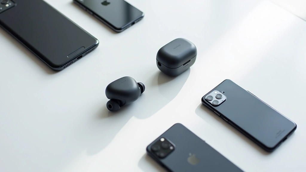 Collection of flagship smartphones and wireless earbuds arranged on minimalist white surface with soft shadows, showing latest models from major manufacturers, close-up product photography