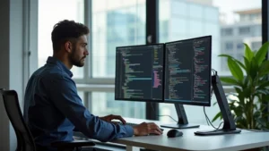 Professional software developer working at modern standing desk with dual monitors in contemporary Atlanta tech office, natural lighting from floor-to-ceiling windows, minimal desk setup with keyboard and mouse