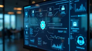 Professional network security dashboard displaying authentication flows and user access controls, modern tech office environment, cybersecurity analytics interface