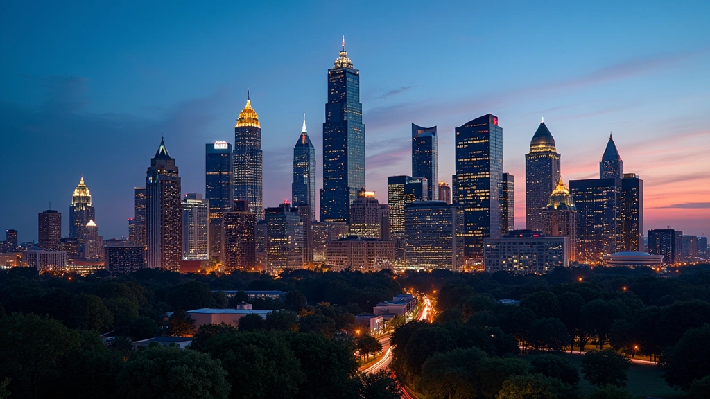 Atlanta skyline at dusk with illuminated office buildings, representing the city's thriving tech hub and digital innovation landscape