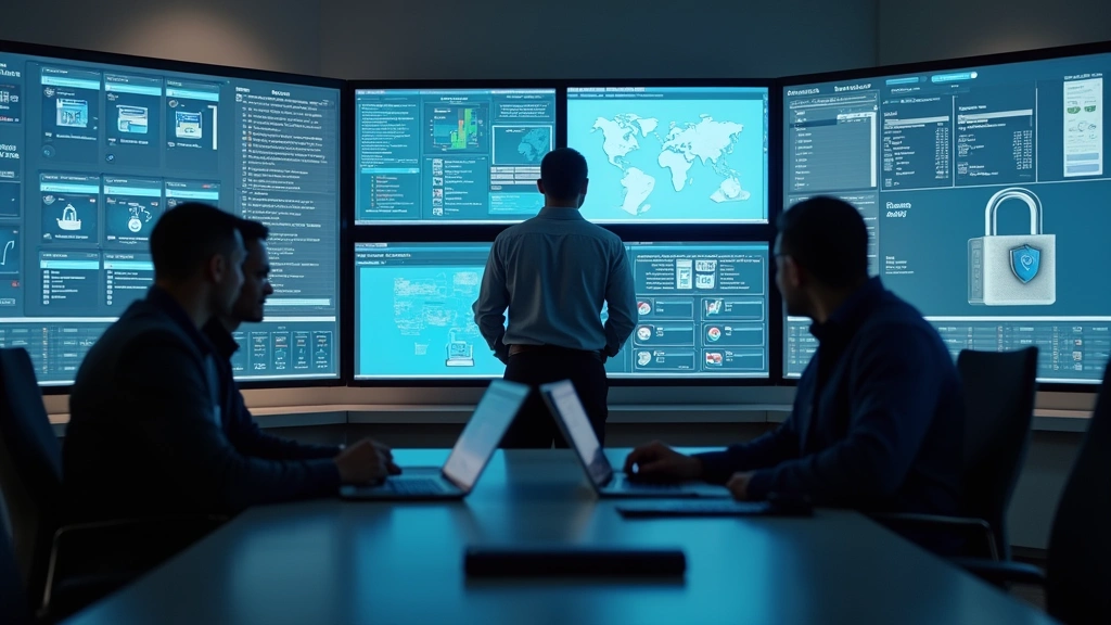 Corporate IT security team collaborating in modern office space, reviewing identity management systems on multiple displays and whiteboards
