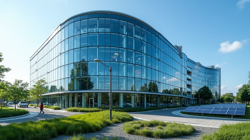Modern glass and steel technology office building with curved architecture, fiber optic cables visible through transparent walls, surrounded by landscaped green spaces with solar panels, professional daytime photography, clear blue sky background, nobody visible