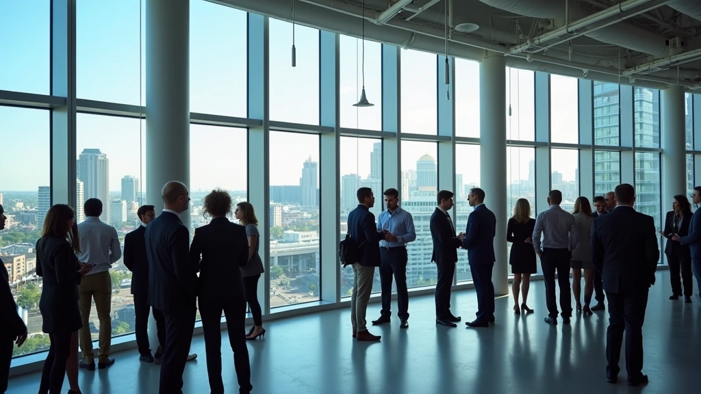 Professional conference center interior with modern architecture, attendees in business casual attire networking near floor-to-ceiling windows, Atlanta skyline visible in background, natural lighting emphasizing glass and steel design elements