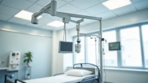 Modern healthcare facility patient room with sleek electric lift system mounted to ceiling, showing motorized mechanical arm with sling attachment, clean white and stainless steel design, professional medical equipment aesthetic