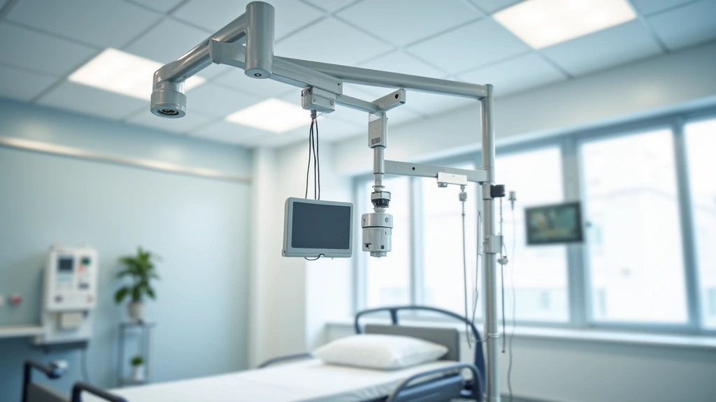 Modern healthcare facility patient room with sleek electric lift system mounted to ceiling, showing motorized mechanical arm with sling attachment, clean white and stainless steel design, professional medical equipment aesthetic