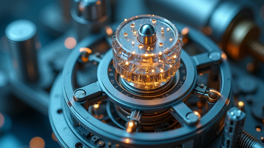 Professional atomic clock mechanism close-up showing cesium chamber and precision oscillator components, laboratory setting, crystalline structures, high magnification, photorealistic