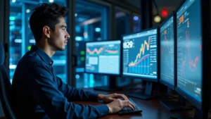 Professional network engineer working at telecommunications operations center with multiple monitor displays showing network traffic data and performance metrics, hands on keyboard, focused expression, modern server room environment