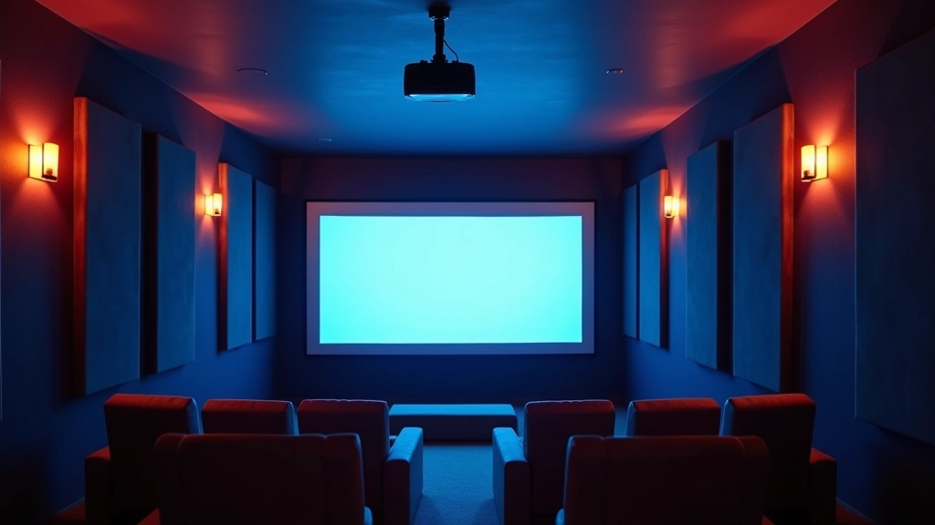 Professional laser projector mounted on ceiling, projecting vibrant 4K image onto white screen in dark home theater room with acoustic panels