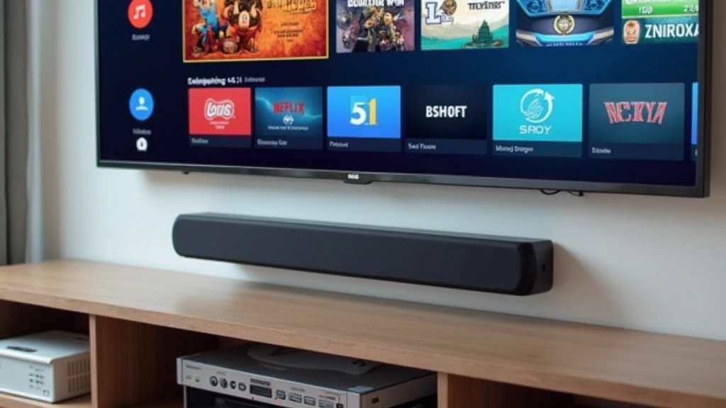 Modern soundbar with upward-firing drivers and wireless subwoofer positioned below wall-mounted television displaying colorful streaming menu interface