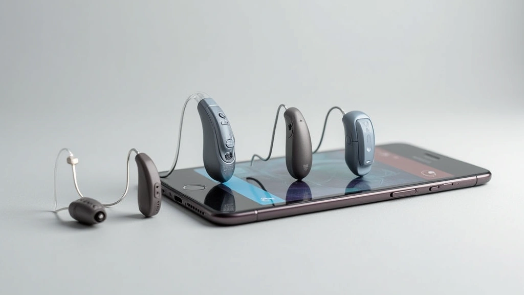 Collection of modern hearing aid styles ranging from invisible-in-canal to behind-the-ear designs displayed on neutral surface with smartphone showing hearing aid control app interface