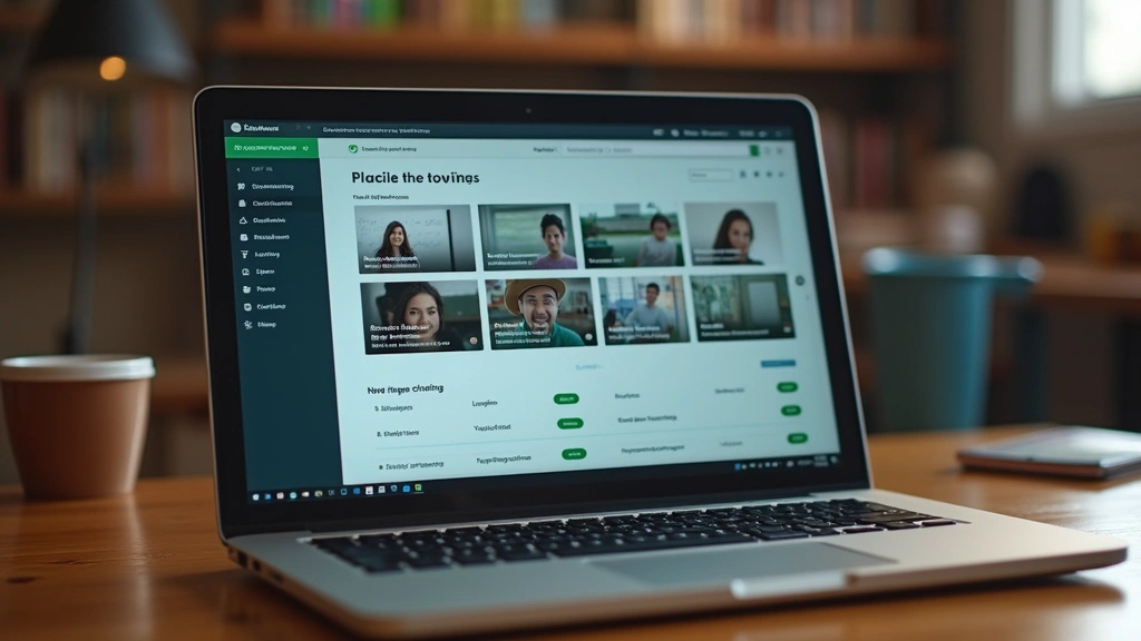 High-resolution close-up of a student laptop screen displaying a Blackboard learning management system dashboard with course tiles and navigation menu visible, modern educational technology interface with clean design, warm desk lighting