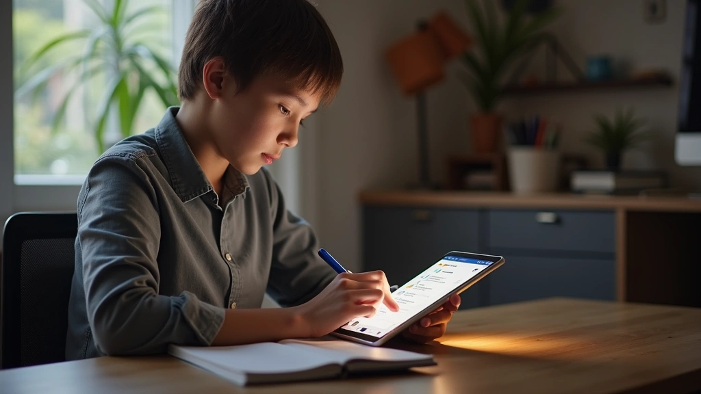 Realistic image of a student sitting at desk using tablet to access Blackboard mobile application, focused on coursework with open textbook nearby, modern home office environment with soft ambient lighting