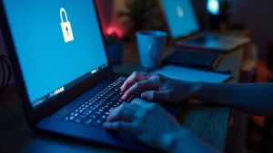 Close-up of hands typing on laptop keyboard illuminated by blue screen glow, showing login interface on monitor, modern workspace with notebook and coffee cup beside computer