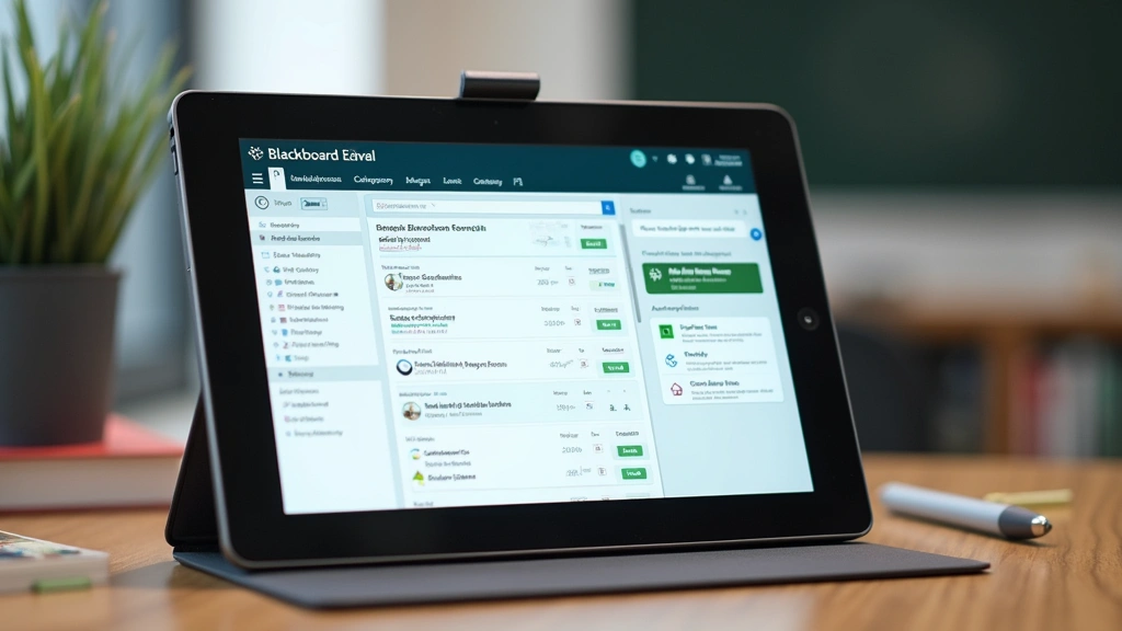 Tablet screen showing Blackboard dashboard with grade book, calendar, and course announcements clearly visible, positioned on desk with stylus pen nearby, modern educational technology environment