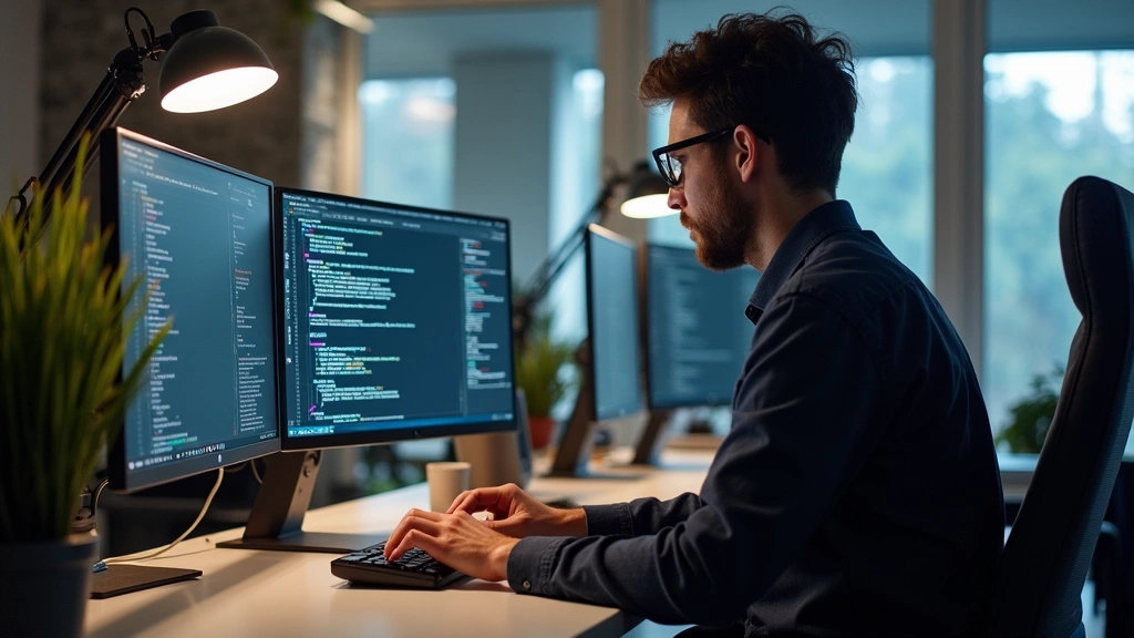 Professional developer working at desk with multiple monitors, typing code, modern workspace with technology equipment, focused concentration, natural lighting