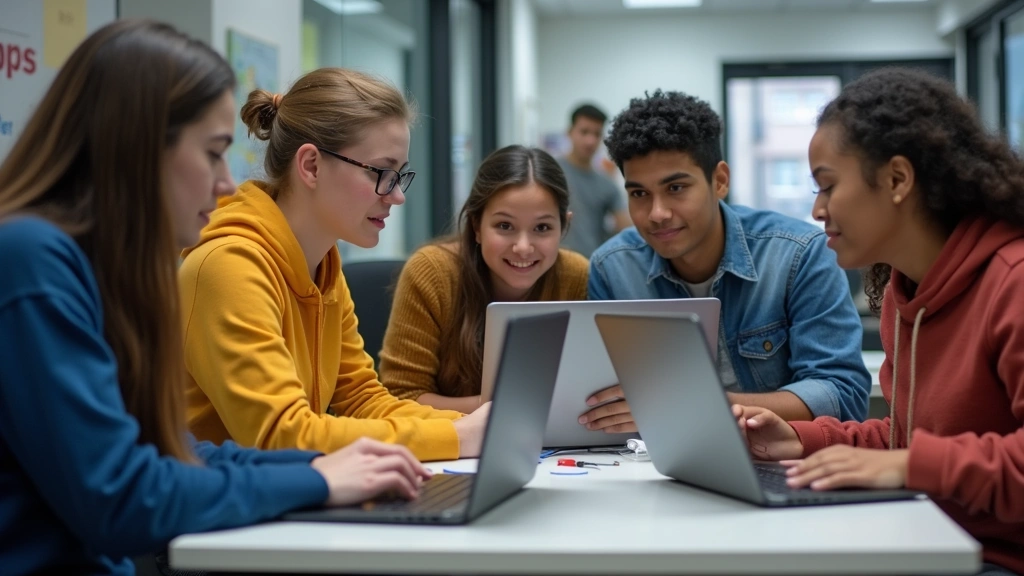 Diverse group of students collaborating on laptops in modern tech classroom, discussing code and projects together, engaged learning environment, bright educational space