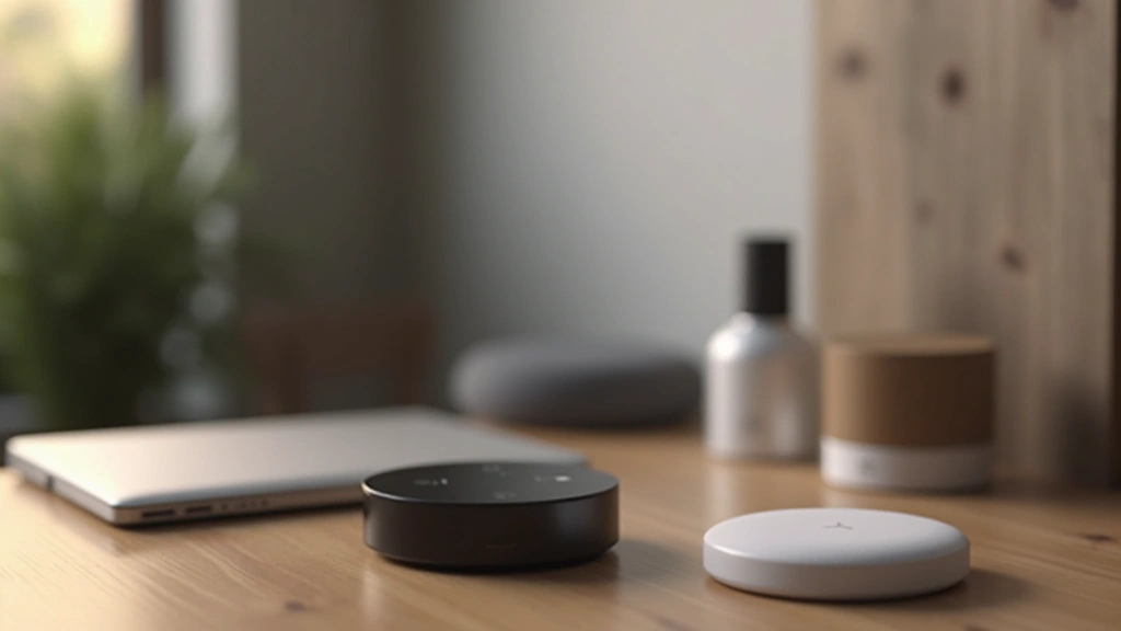 Sleek compact silver and black smart hub device on minimalist wooden desk with soft ambient lighting, surrounded by blurred smart home devices, photorealistic product photography
