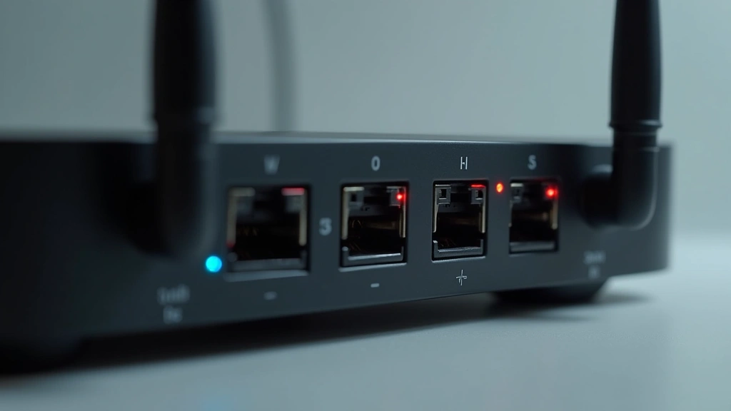 Detailed close-up of smart hub showing port connections, microphone array, and LED indicators with professional lighting against neutral background, photorealistic hardware detail shot