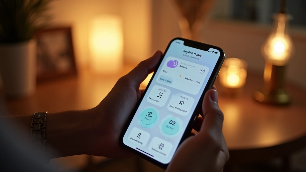 Hands holding smartphone displaying smart home control app interface with various connected devices and automation routines visible on mobile screen, warm indoor lighting