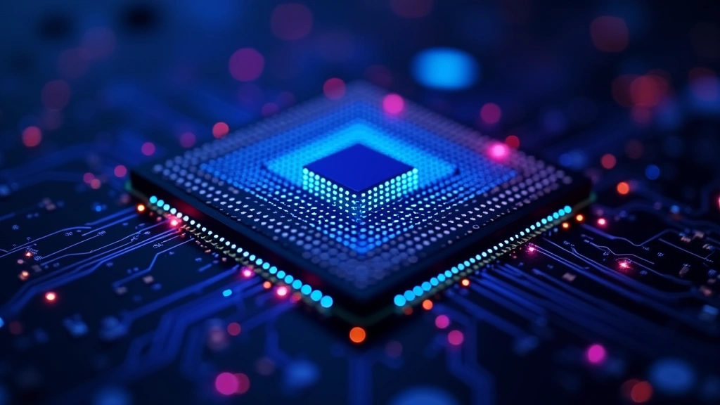 Close-up of quantum processor chip with visible qubit structures, blue and purple glowing circuits, isolated on dark background, professional laboratory photography