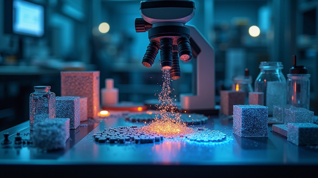 Advanced materials laboratory workbench with graphene samples, carbon fiber composites, and nanotechnology specimens under microscope with glowing displays, modern tech environment