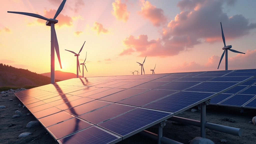Futuristic renewable energy installation showing sleek solar panels and wind turbine components integrated together, sunset lighting, photorealistic clean technology visualization