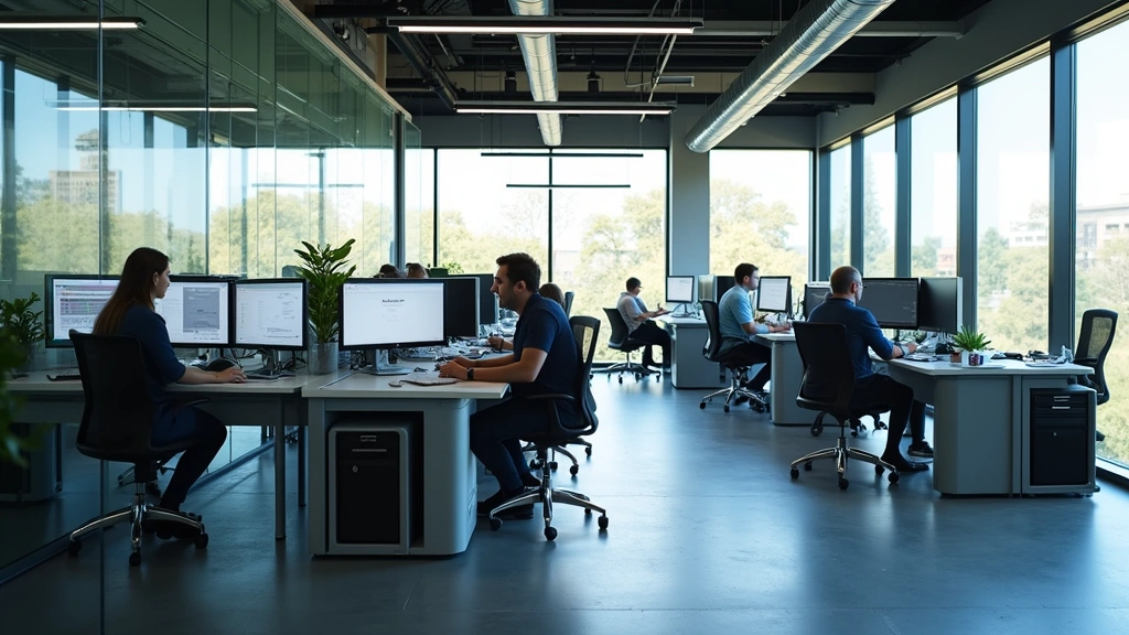 Modern tech office workspace in Austin with glass walls, multiple monitors, collaborative team environment, natural lighting through large windows, contemporary furniture, no people visible, professional atmosphere