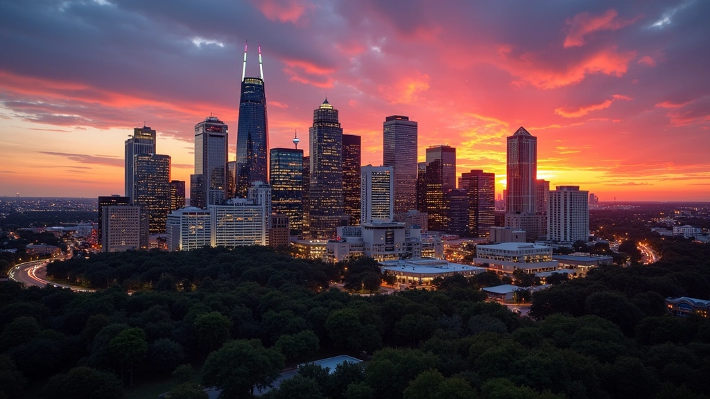 Austin skyline at sunset with tech company buildings illuminated, downtown district, modern architecture, vibrant orange and blue sky, cityscape reflecting Austin's tech growth and innovation