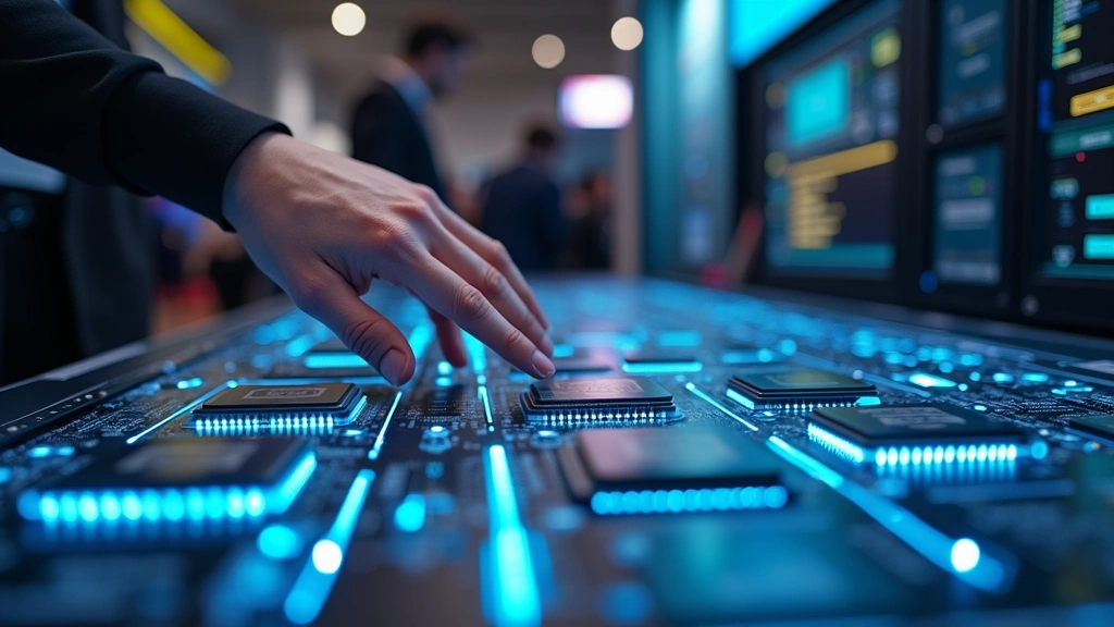 Close-up of hands interacting with cutting-edge hardware displays including processors, memory modules, and computing devices on exhibition booth at technology conference