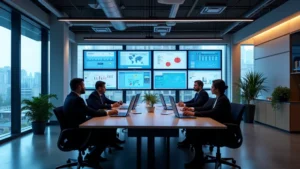 Modern tech conference room with collaborative workspace, multiple monitors displaying analytics dashboards, professional technology consultants discussing strategy around ergonomic desks, natural lighting, contemporary office design