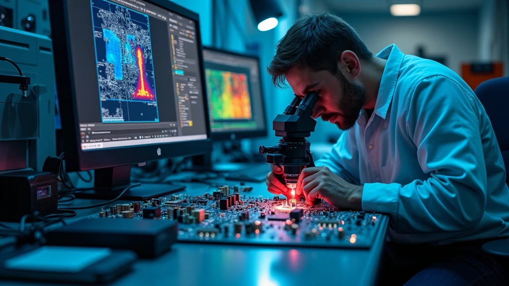 Advanced hardware testing laboratory with diagnostic equipment, circuit boards under magnification, performance testing rigs, thermal imaging displays, professional technician workspace with precision instruments