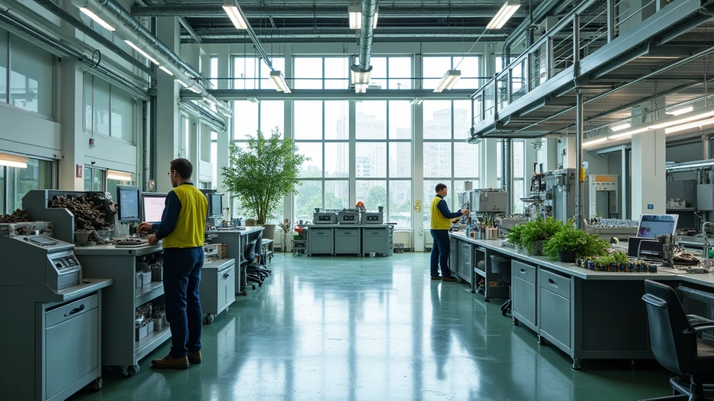 Sustainable technology manufacturing facility showing recycling equipment, component sorting stations, renewable energy panels on building, workers implementing circular economy practices, modern green industrial design