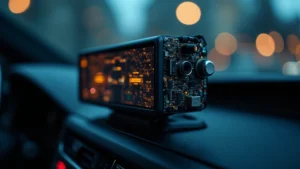 Close-up of automotive sensor array mounted on vehicle dashboard, showing multiple camera lenses and processing hardware, professional tech photography, sharp focus on electronic components