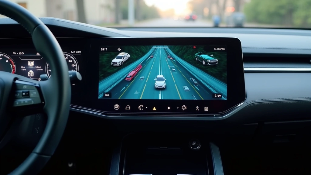 Modern vehicle interior with advanced digital display screen showing real-time object detection visualization, lane tracking graphics, and safety system status indicators in modern user interface design