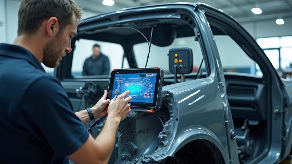 Professional auto body technician using advanced 3D laser measurement system on damaged vehicle frame in modern collision repair shop, precision diagnostic equipment visible