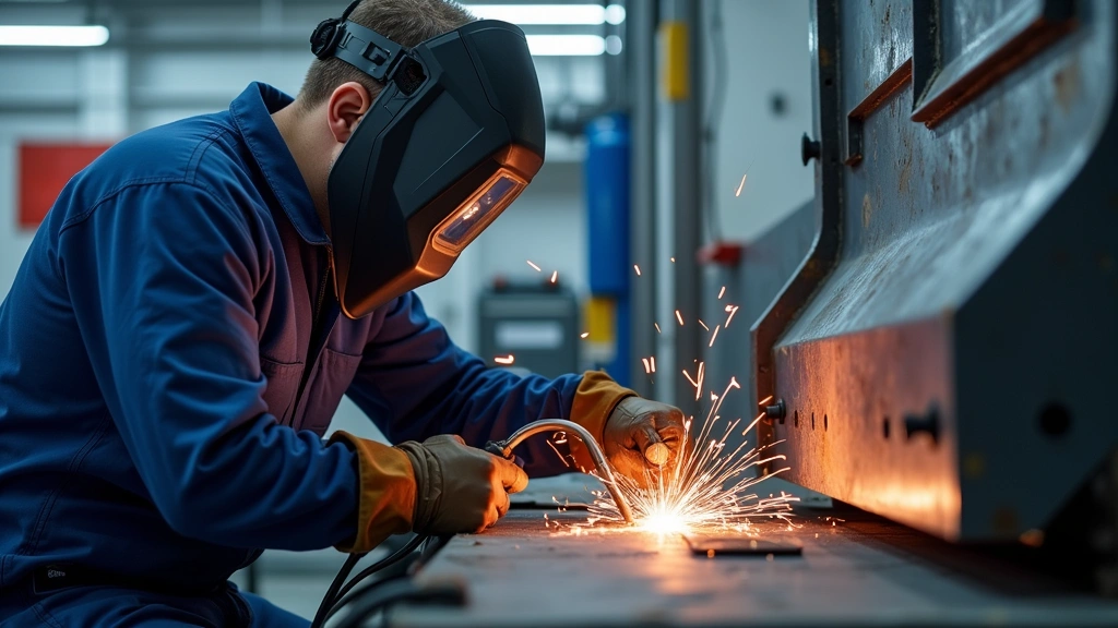 Technician in protective gear performing aluminum welding repair on vehicle panel with specialized equipment, sparks flying, professional workshop setting