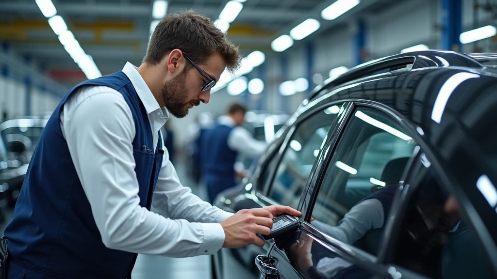 Auto body specialist calibrating ADAS sensors on vehicle with diagnostic computer equipment, modern repair facility with multiple workstations in background