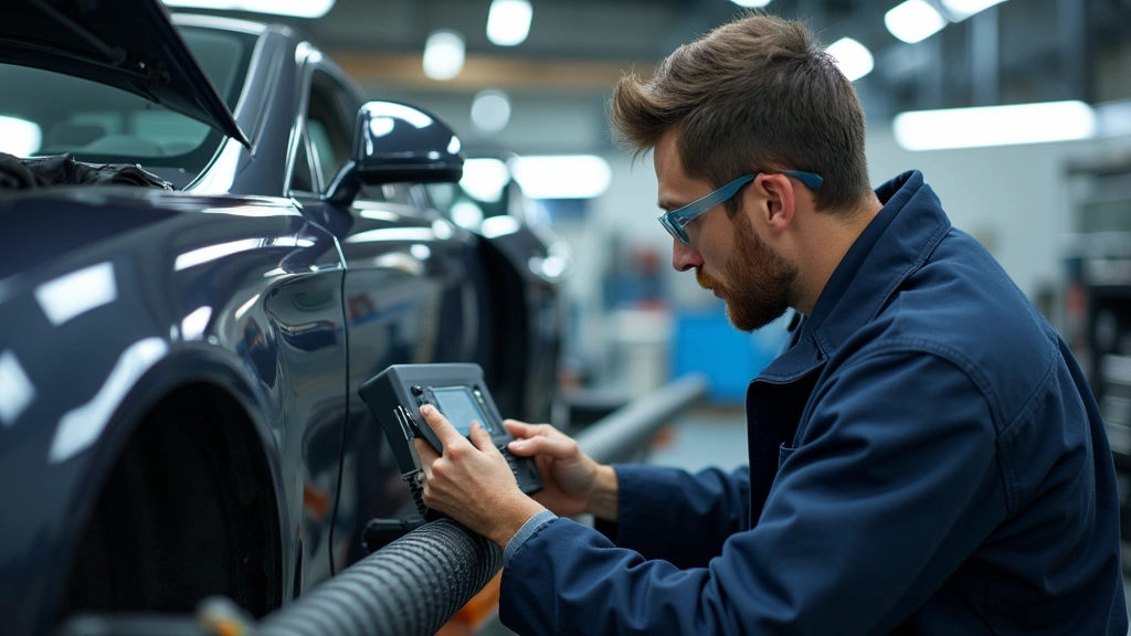Professional auto body technician in safety gear using advanced collision repair equipment in modern shop environment with diagnostic tools visible