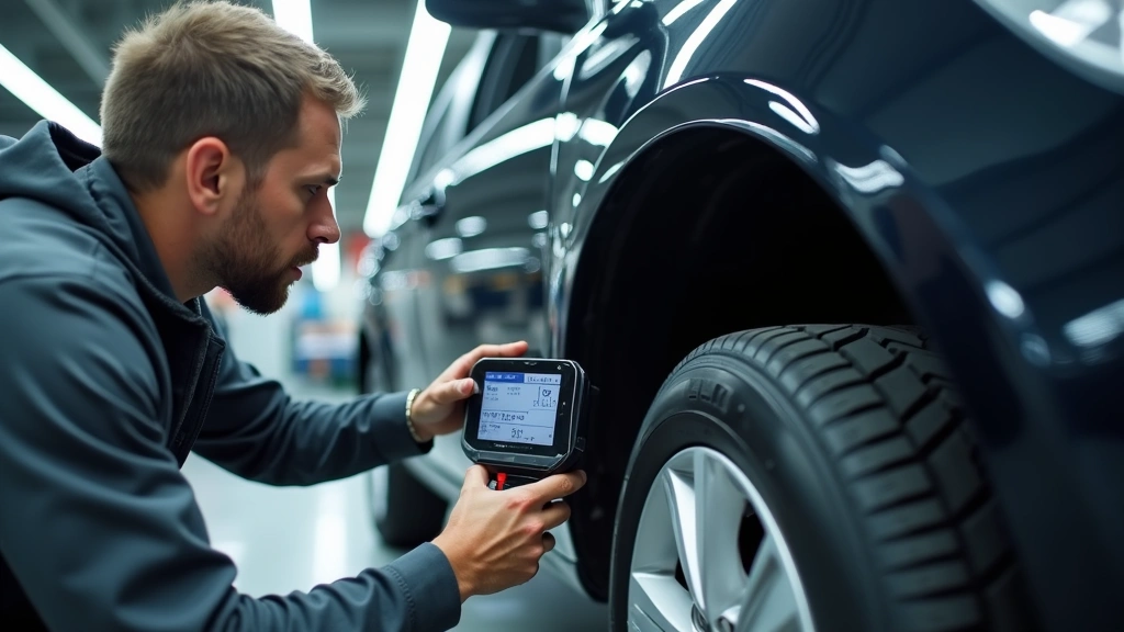 Close-up of auto body repair work showing technician measuring vehicle alignment with precision tools and digital measurement system