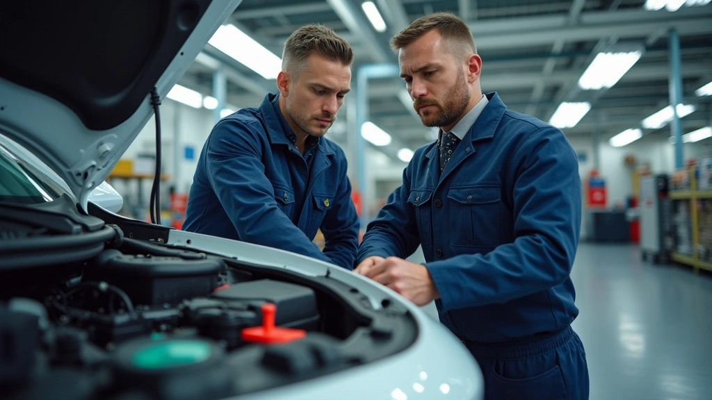 Auto body technician examining electric vehicle battery compartment and structural components in contemporary repair facility with specialized EV equipment
