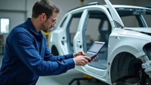 Professional auto body technician using advanced 3D frame measuring system on damaged vehicle frame in modern collision repair facility with precision equipment
