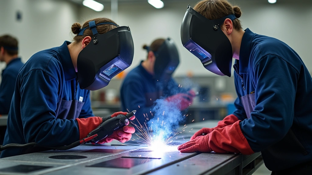 Students practicing MIG welding on automotive panels in well-equipped technical school workshop with proper ventilation and safety equipment visible
